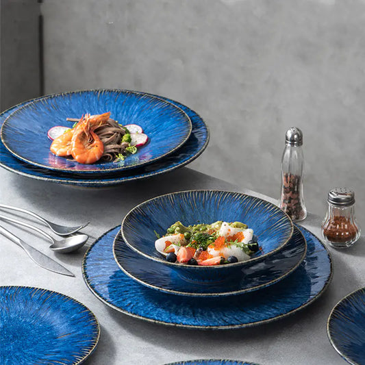 Nordic Blue Ceramic Plate for Steak and Tableware